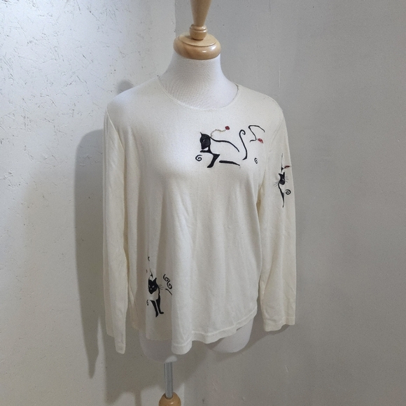 Alia | Vintage Chic Cat Print Sweater - Cream and Black - Picture 6 of 11